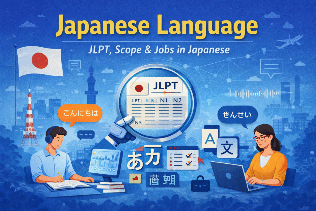 Japanese language learning with JLPT certification, linguistics concepts, and career opportunities showcasing jobs in Japanese