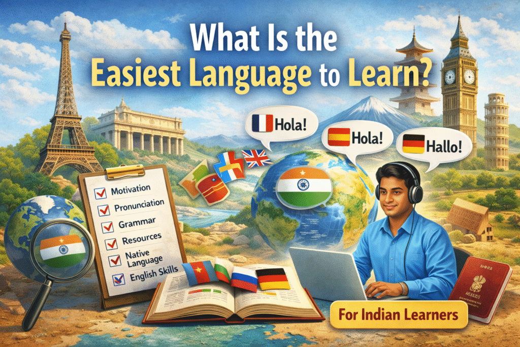 Featured image showing global landmarks, language flags, and an Indian student learning online under the title “What Is the Easiest Language to Learn?” representing foreign language courses like French, German, Japanese, and Russian.