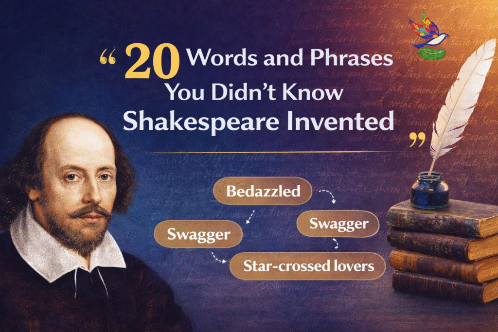 Featured image showing William Shakespeare with the title “20 Words and Phrases You Didn’t Know Shakespeare Invented,” featuring classic books, a quill, and iconic Shakespearean words like bedazzled, swagger, and star-crossed lovers.