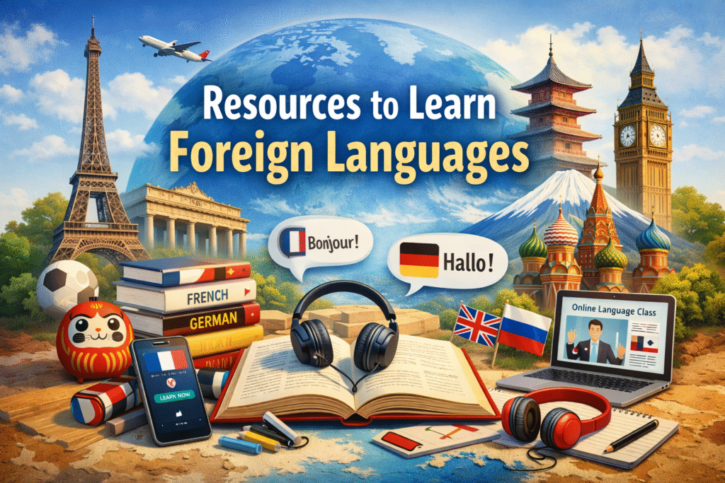 Illustration showing global landmarks, books, headphones, and laptop representing resources to learn foreign languages like French, German, Japanese, Russian, and English.