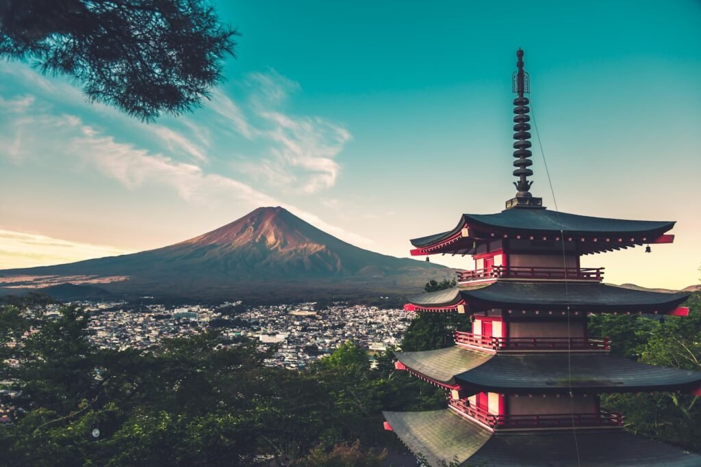 Mount Fuji behind a Japanese city skyline representing JLPT N5 Japanese study