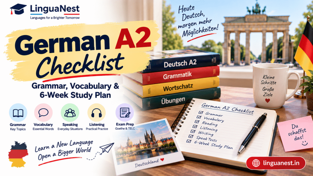 German A2 checklist with grammar, vocabulary, speaking, listening and 6-week study plan