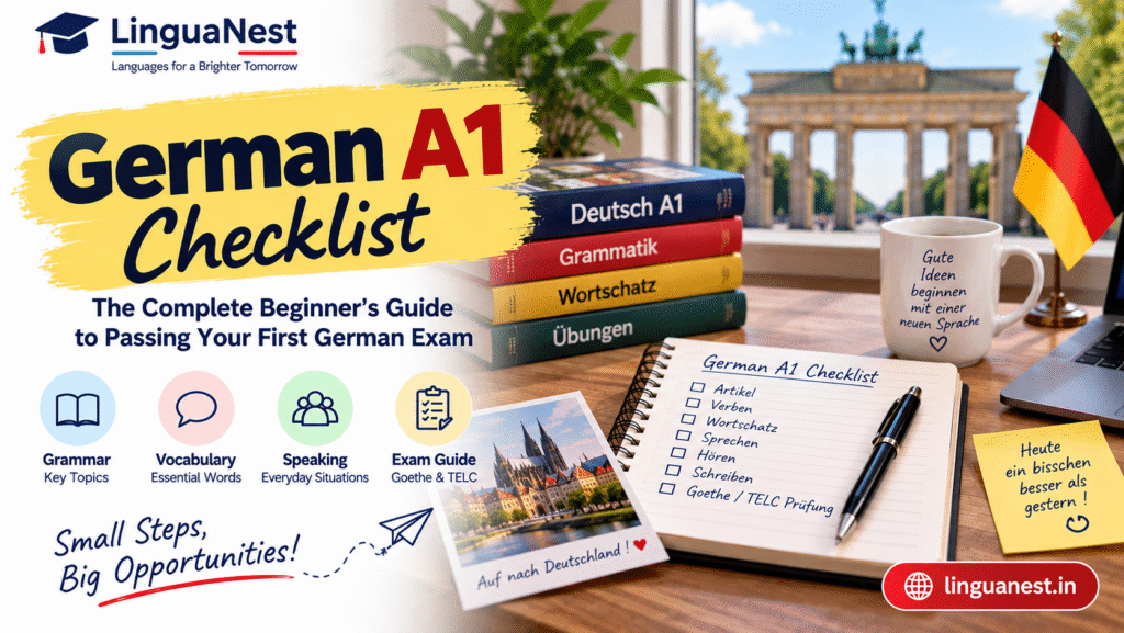 German A1 checklist infographic showing grammar, vocabulary and exam topics for beginners