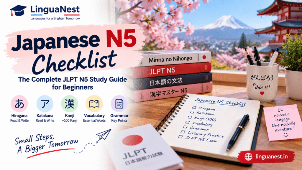 Japanese N5 checklist study guide with hiragana, katakana, kanji and grammar
