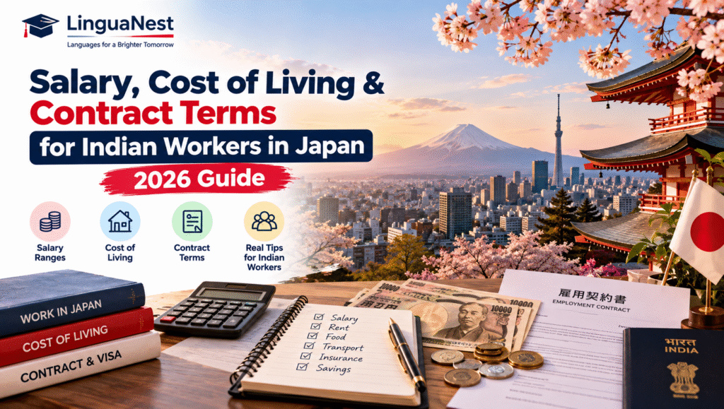Tokyo cityscape with modern office buildings representing career opportunities for Indian workers in Japan