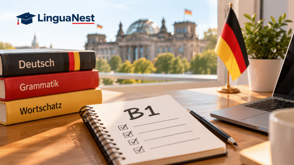 German B1 checklist study guide with LinguaNest branding