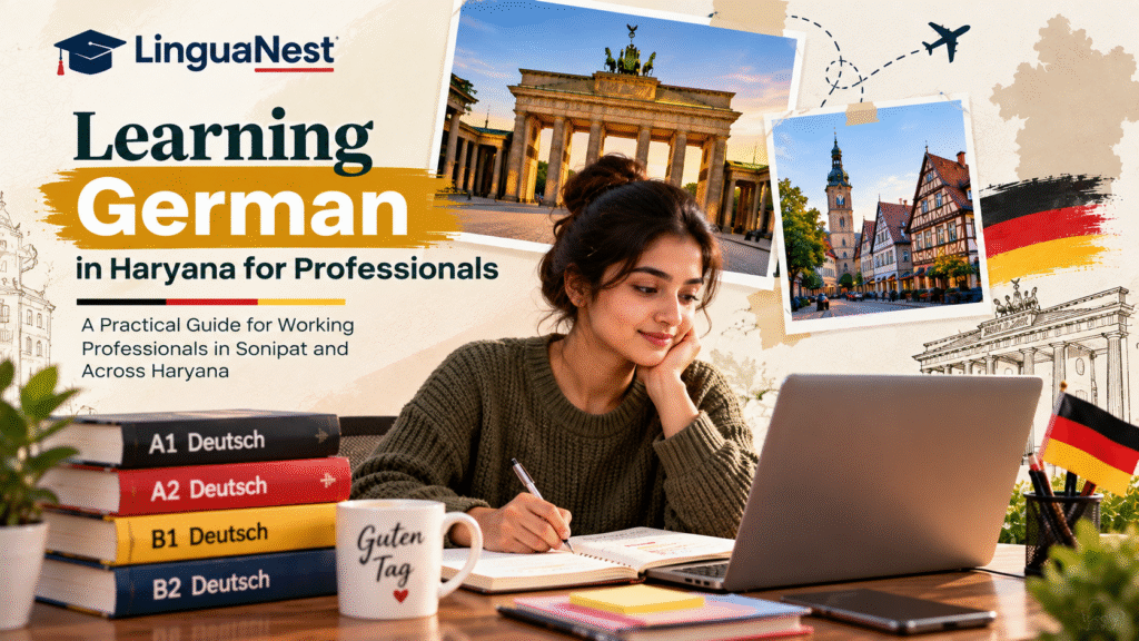 Working professional in Sonipat studying German remotely on a laptop in the evening