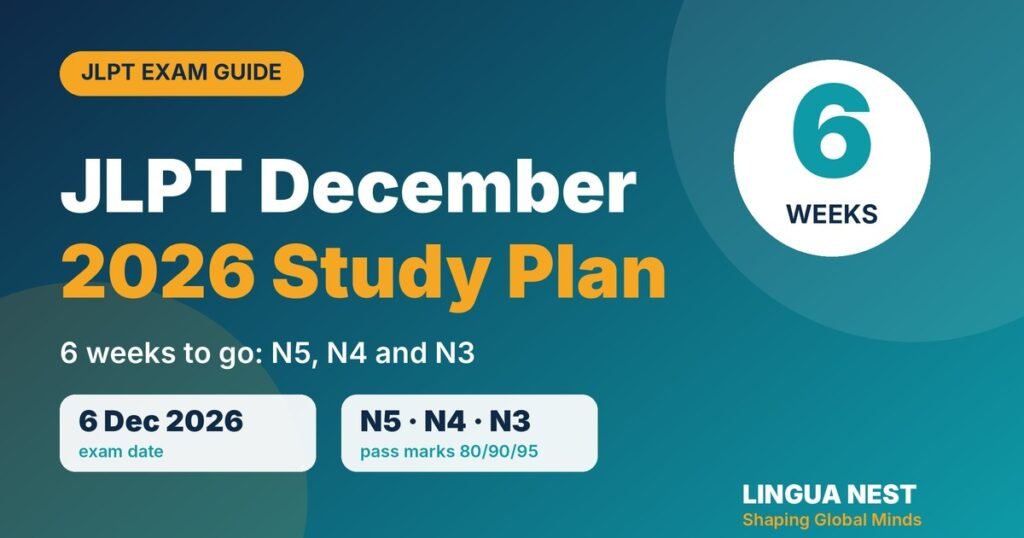 JLPT December 2026 six-week study plan for N5, N4 and N3 with exam date 6 December 2026