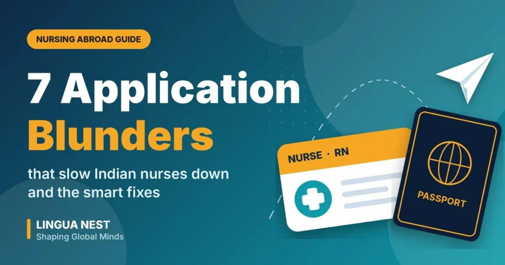 Illustration of a nurse ID card, passport and paper plane with the text “7 Application Blunders” for nursing jobs abroad